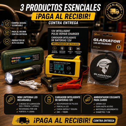 ✨ Kit Automotriz Premium 3 en 1 ✨Linterna LED Recargable + Cargador Inteligente 12V + Ambientador Oud
